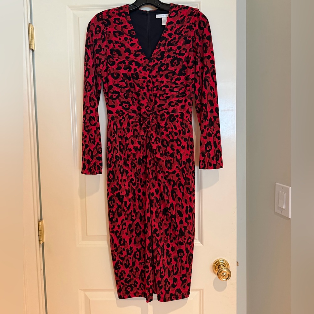 London Times Red and Black Leopard Print Long Sleeve Wrap Dress